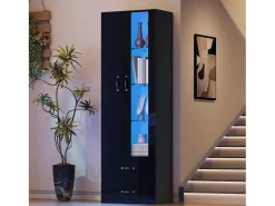 Vitrine com porta transparente - 60 x 35 x 182,5 cm - com LEDs + 2 portas + 2 gavetas - aglomerado -*Merax Discount