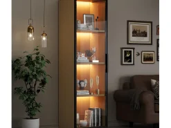 Online Vitrine con porta de vidro 40x40x165 cm - Iluminação LED - 1 porta de vidro temperado - Folheado de carvalho - MDF - Natural Vitrina