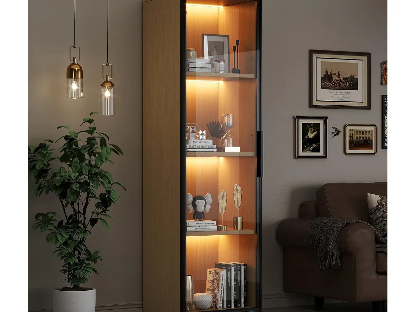 Online Vitrine con porta de vidro 40x40x165 cm - Iluminação LED - 1 porta de vidro temperado - Folheado de carvalho - MDF - Natural Vitrina