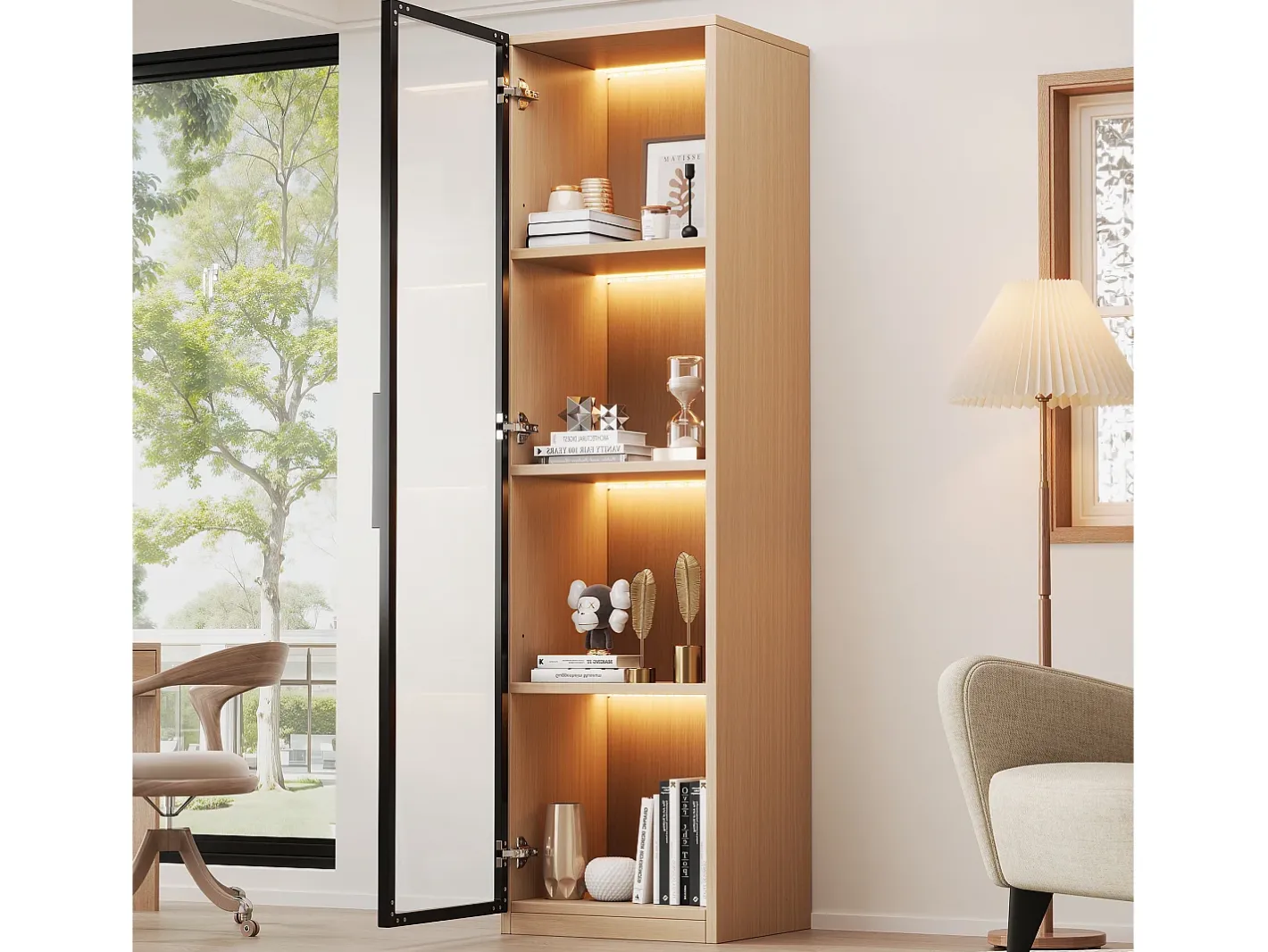 Online Vitrine con porta de vidro 40x40x165 cm - Iluminação LED - 1 porta de vidro temperado - Folheado de carvalho - MDF - Natural Vitrina