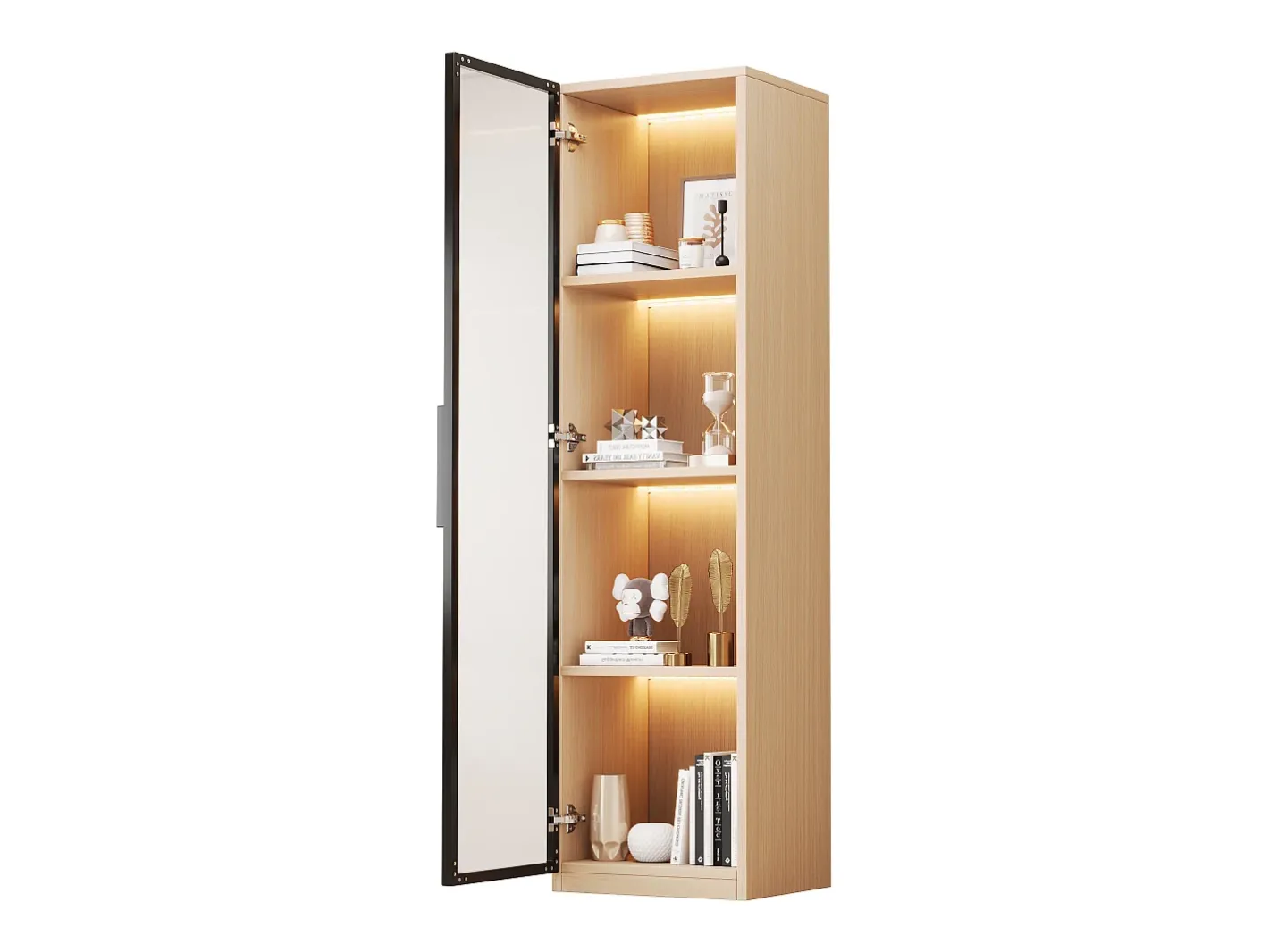 Online Vitrine con porta de vidro 40x40x165 cm - Iluminação LED - 1 porta de vidro temperado - Folheado de carvalho - MDF - Natural Vitrina