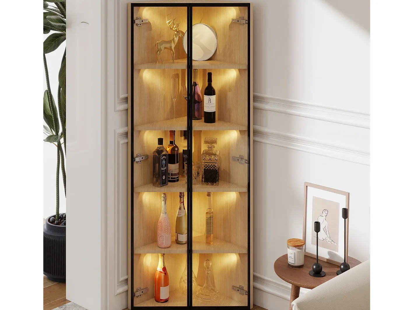 Vitrine de canto 62×35×160 cm - com iluminação LED - 2 portas de vidro - natural*ModernLuxe Clearance