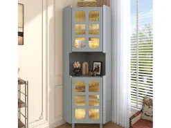 Vitrine de canto laqueada - 63,5 x 45 x 157,5 cm - com LEDs + 2 portas + prateleira - MDF - cinza Vitrina