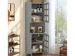 Vitrine de canto laqueada - 63,5 x 45 x 157,5 cm - com LEDs + 2 portas + prateleira - MDF - cinza Vitrina