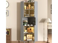 Vitrine de canto laqueada - 63,5 x 45 x 157,5 cm - com LEDs + 2 portas + prateleira - MDF - cinza Vitrina