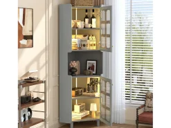 Vitrine de canto laqueada - 63,5 x 45 x 157,5 cm - com LEDs + 2 portas + prateleira - MDF - cinza Vitrina