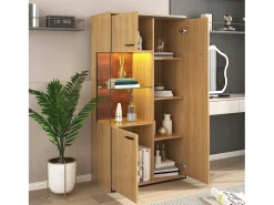 Vitrine de cor natural com 3 portas, iluminação LED e prateleiras em vidro, MDF*Hauss Spole