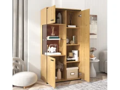 Vitrine de cor natural com 3 portas, iluminação LED e prateleiras em vidro, MDF*Hauss Spole