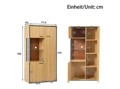 Vitrine de cor natural com 3 portas, iluminação LED e prateleiras em vidro, MDF*Hauss Spole