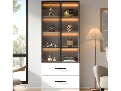 Best Vitrine de vidro - 60 x 40 x 160 cm - com LEDs + 3 gavetas + portas de vidro temperado - aglomerado - branca Vitrina