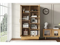 Vitrine de vidro - 80 x 40 x 160 cm - prateleiras deslocadas - com 2 gavetas - MDF - natural Vitrina
