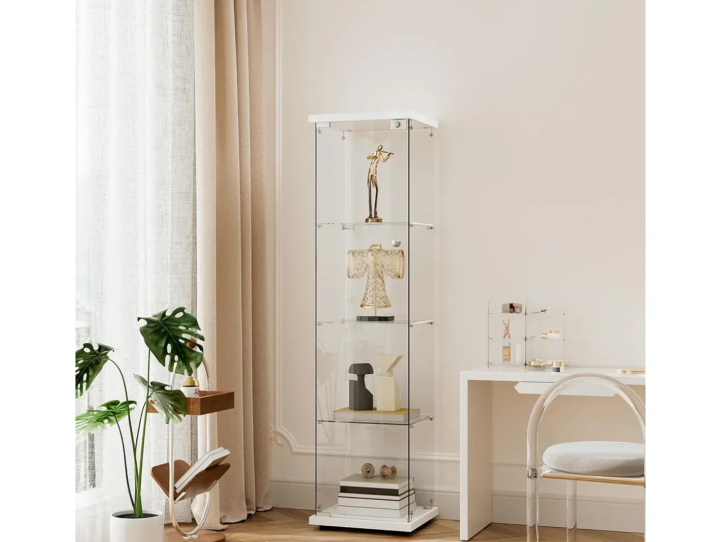 Vitrine de vidro com 4 prateleiras e 1 porta, 164x42,5x36,5 cm, armário de coleção, , transparente^