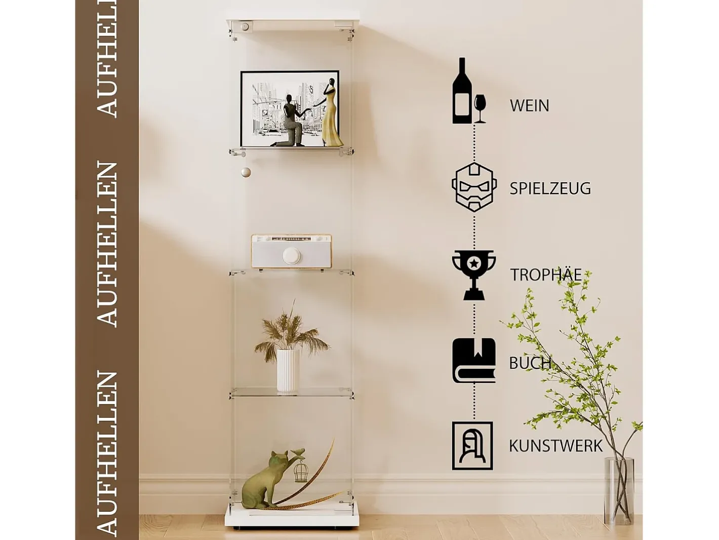Vitrine de vidro com 4 prateleiras e 1 porta, 164x42,5x36,5 cm, armário de coleção, , transparente^