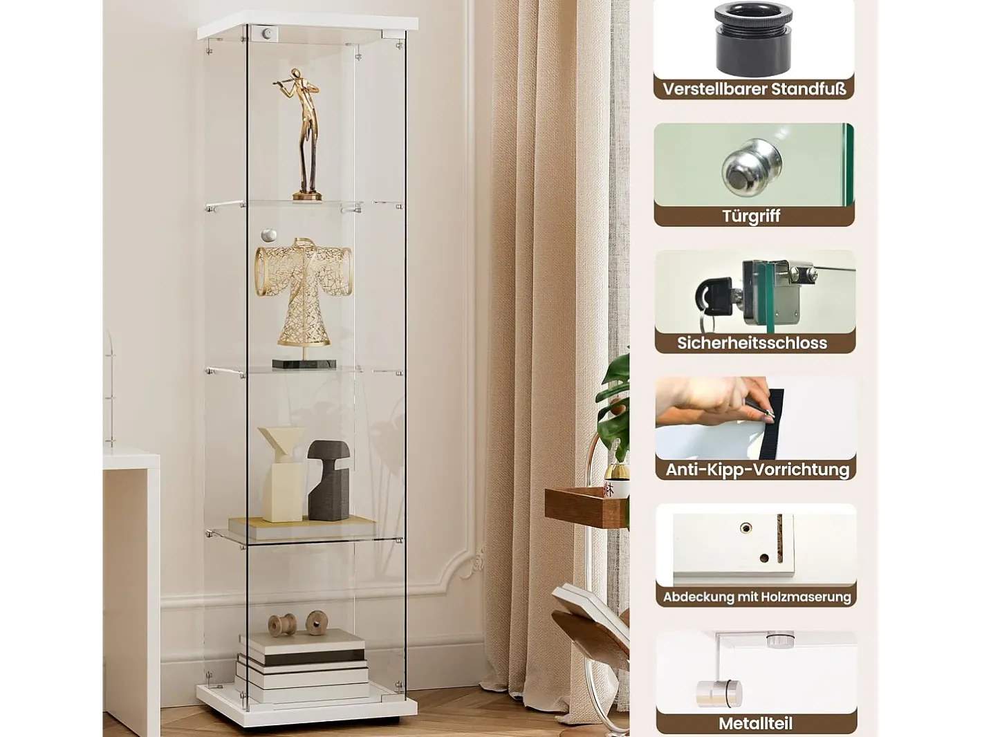 Vitrine de vidro com 4 prateleiras e 1 porta, 164x42,5x36,5 cm, armário de coleção, , transparente^