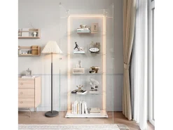Vitrine de vidro com 5 prateleiras e iluminação LED personalizável – Base branca^