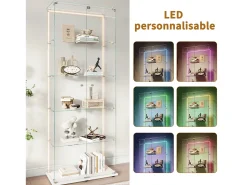 Vitrine de vidro com 5 prateleiras e iluminação LED personalizável – Base branca^