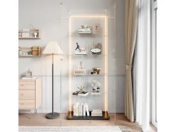 Vitrine de vidro com 5 prateleiras e iluminação LED personalizável – Base preta* Online