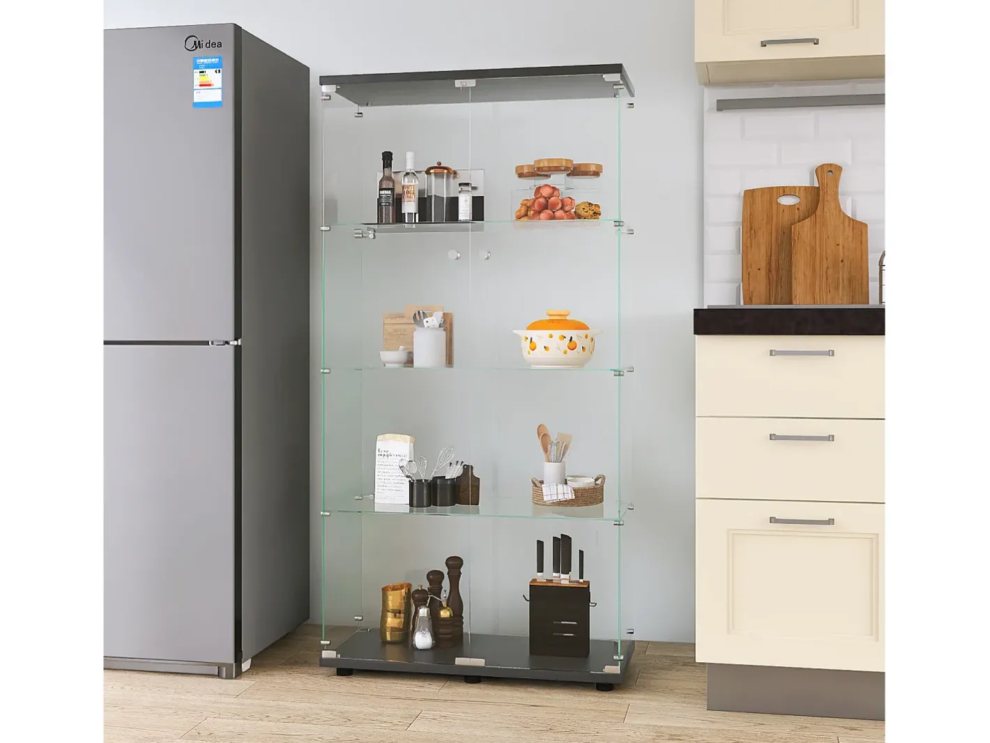 Clearance Vitrine de vidro com 4 prateleiras, 2 portas e fechadura, 164 x 80 x 36 cm, preta Vitrina