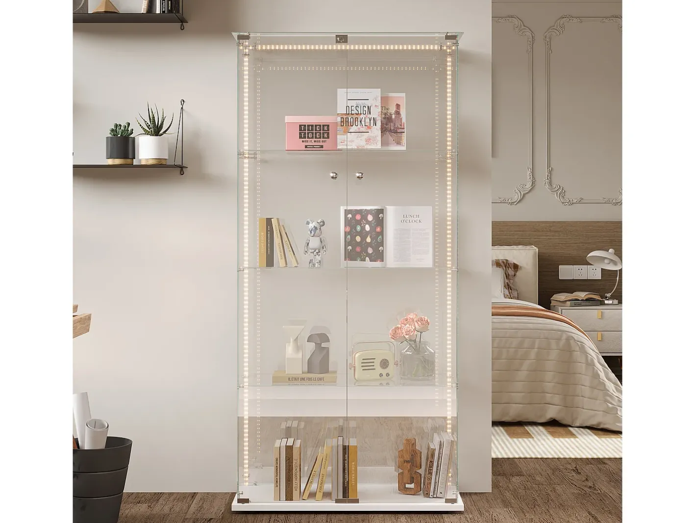 Vitrine de vidro com iluminação LED, 4 prateleiras e 2 portas, 78x35x163 cm, branca.^ Online