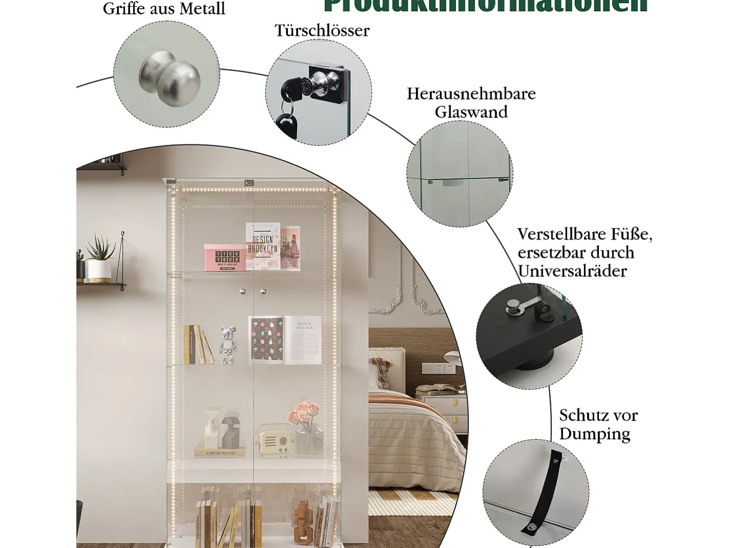 Vitrine de vidro com iluminação LED, 4 prateleiras e 2 portas, 78x35x163 cm, branca.^ Online