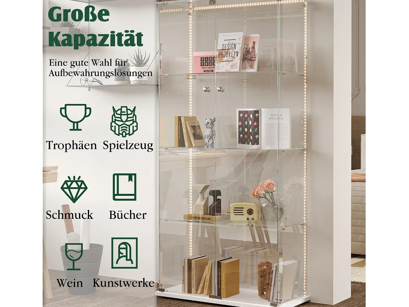 Vitrine de vidro com iluminação LED, 4 prateleiras e 2 portas, 78x35x163 cm, branca.^ Online