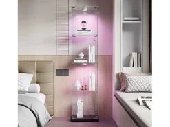Vitrine de vidro com iluminação LED acionável por toque, portas e prateleiras com fechadura, 163x40x35 cm, preta^