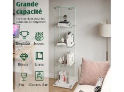 Vitrine de vidro com iluminação LED, portas e prateleiras com fechadura, ideal para sala de estar/bar, 163x40x35 cm, branca.^