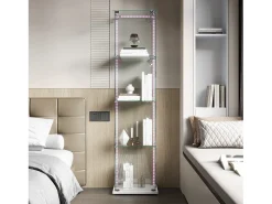 Vitrine de vidro com iluminação LED, portas e prateleiras com fechadura, ideal para sala de estar/bar, 163x40x35 cm, branca.^