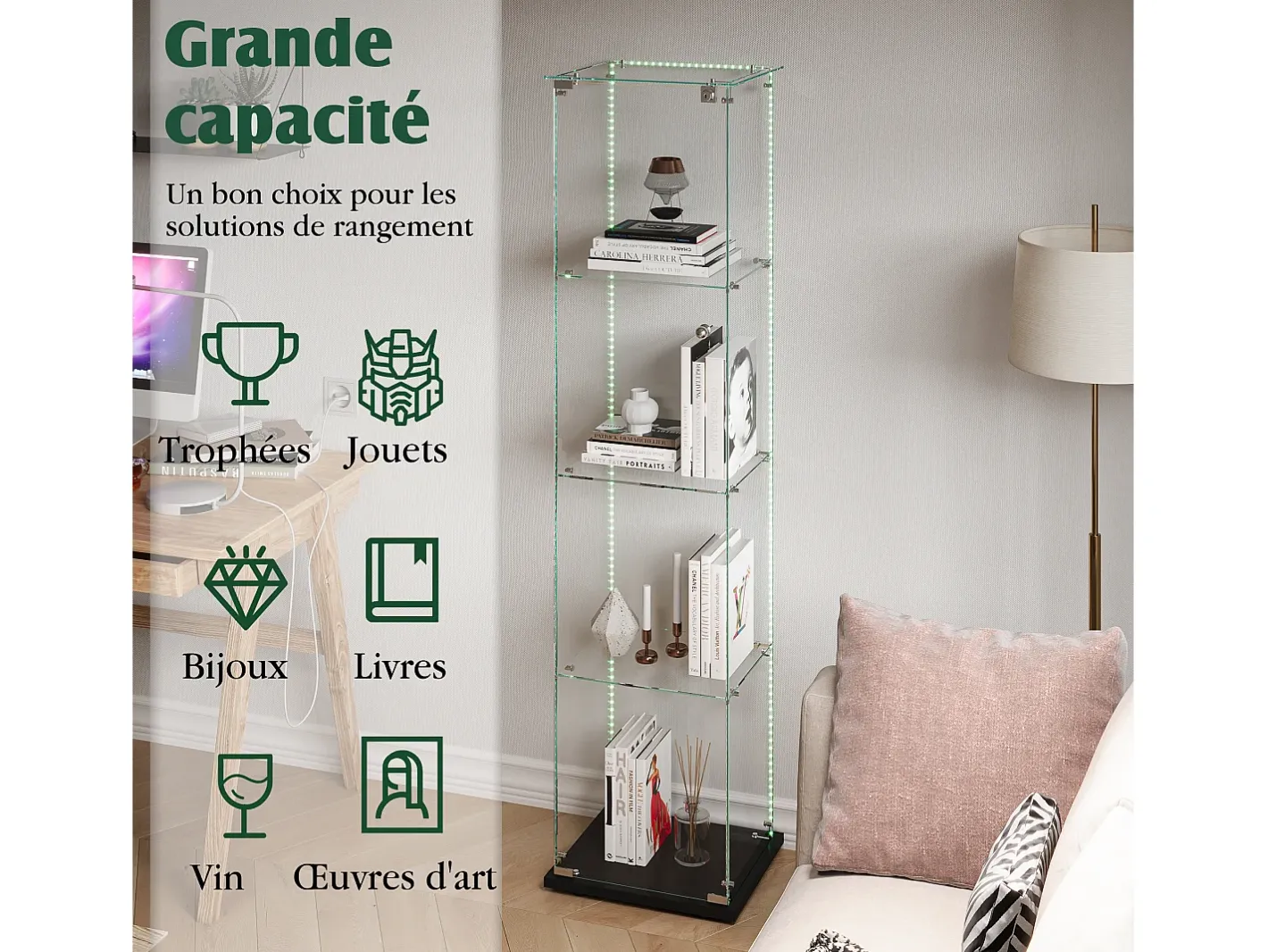 Vitrine de vidro com iluminação LED, portas e prateleiras com fechadura, ideal para sala de estar/bar, 163x40x35 cm, preta.^ Sale