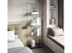Vitrine de vidro com iluminação LED, portas e prateleiras com fechadura, ideal para sala de estar/bar, 163x40x35 cm, preta.^ Sale