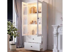 Vitrine de vidro com iluminação LED, 2 portas e 2 gavetas, 60x35,5x165cm, branca^