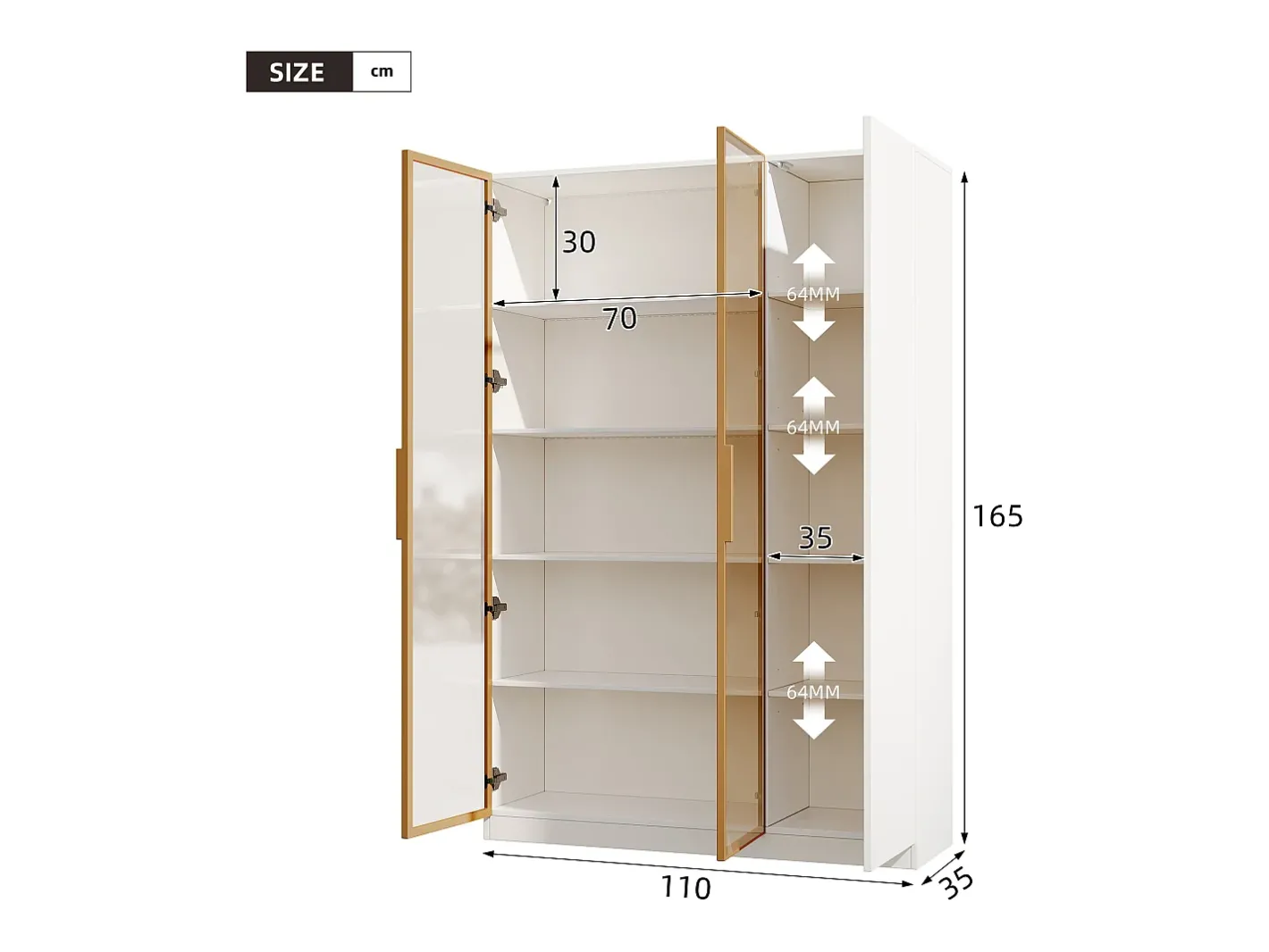 Vitrine de vidro de 165 cm de altura - Iluminação LED - 3 portas - Prateleiras ajustáveis - MDF + Painéis de partículas -^ModernLuxe Hot