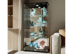 Vitrine de vidro de 163,9 x 36,49 x 80,49 cm, com prateleiras e iluminação LED, armário de curiosidades com porta dupla^ Sale