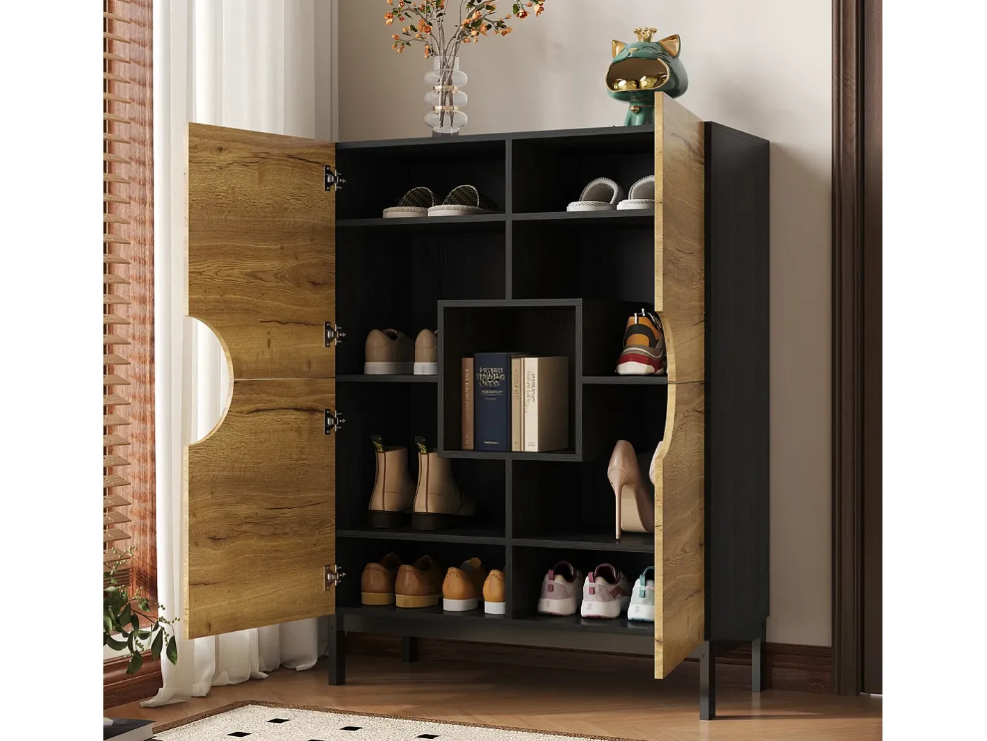 Vitrine e sapateira 2 em 1 – Design moderno com prateleiras ajustáveis e amplo espaço de armazenamento.* Online