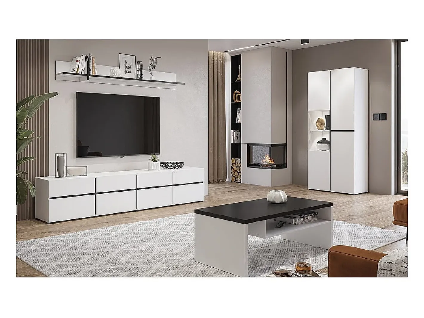 Vitrine haute 2 portes collection HAVANA. Coloris blanc et noir. Vitrina