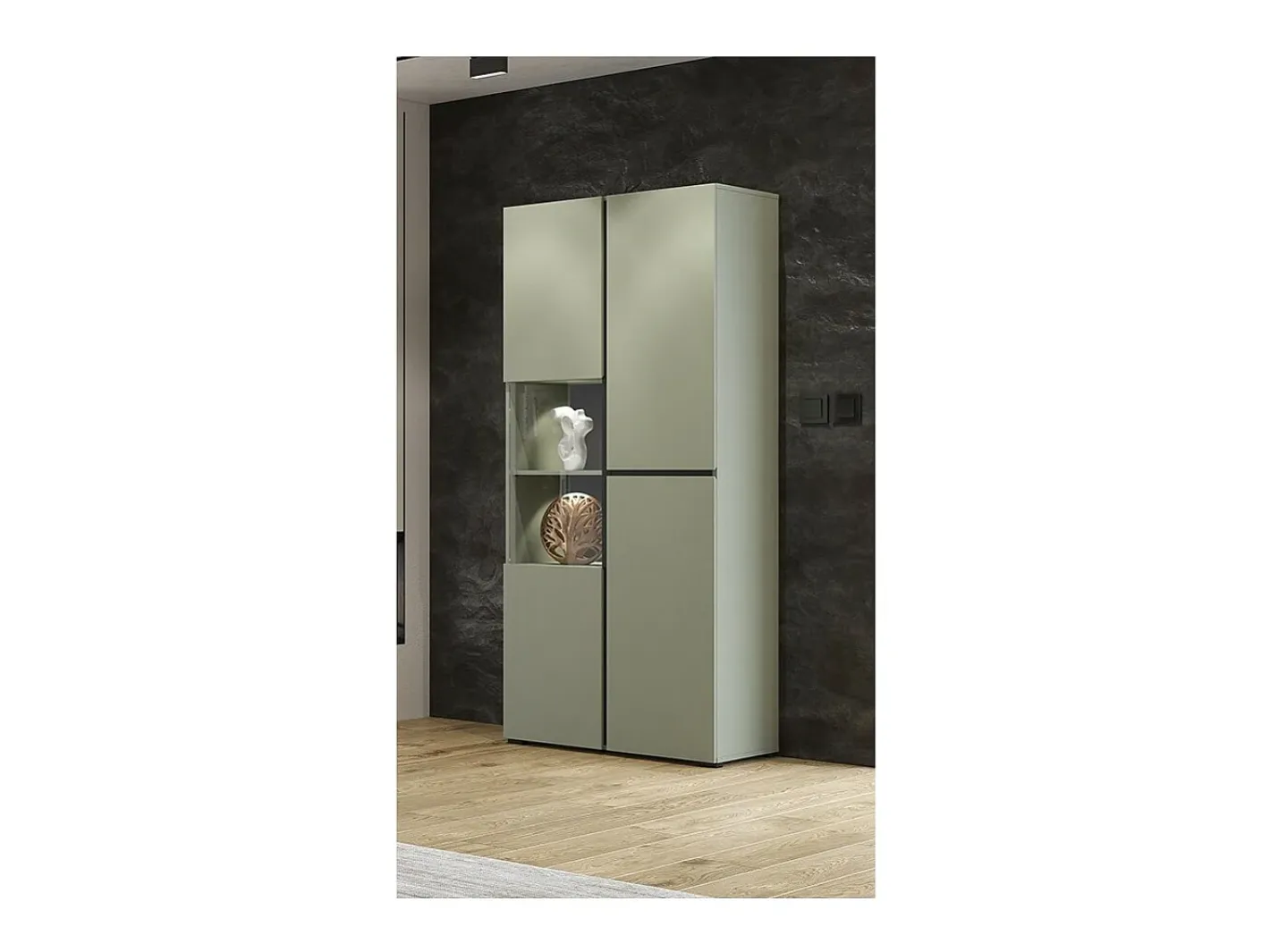 Vitrine haute 2 portes collection HAVANA avec LED intégrée. Coloris sauge et noir.*Meublorama Hot