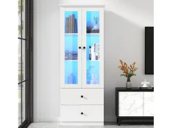 Vitrine LED moderna 60x35x165 cm - com porta USB - Controle remoto 16 cores - com 2 gavetas - com 2 portas de vidro -^ModernLuxe