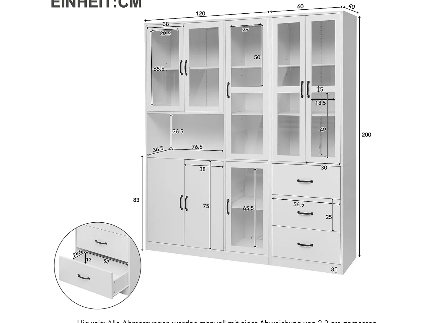 Vitrine moderna branca, 200 cm, 8 portas e 3 gavetas, com iluminação LED para sala de estar.* Hot