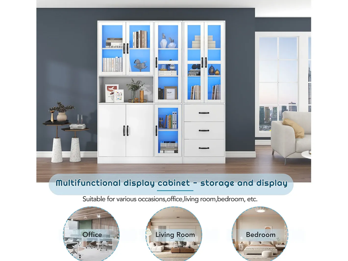 Vitrine moderna branca, 200 cm, 8 portas e 3 gavetas, com iluminação LED para sala de estar.* Hot
