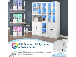 Vitrine moderna branca, 200 cm, 8 portas e 3 gavetas, com iluminação LED para sala de estar.* Hot