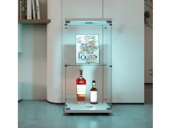 Vitrina*Vitrine moderna de vidro com 2 prateleiras de vidro, 1 porta, iluminação LED e fechadura, 86x40,4x36,5cm, branca. Branco