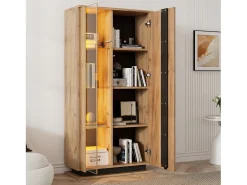 Vitrine moderna para sala de estar - 80 x 35 x 160 cm - com 8 prateleiras + 2 portas de acrílico + LEDs - aglomerado - cor natural^Merax Online
