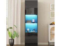 Vitrine preta brilhante com iluminação LED - Armário alto para sala de estar - Armário de armazenamento - 45x35x160 cm* Sale