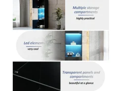 Vitrine preta brilhante com iluminação LED - Armário alto para sala de estar - Armário de armazenamento - 45x35x160 cm* Sale