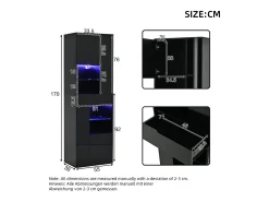 Vitrine preta com 1 gaveta, 4 portas e iluminação LED, prateleiras em vidro, 55x38x170 cm*Hauss Spole Best
