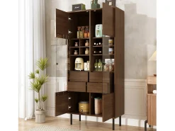 Vitrine reutilizável com acabamento em nogueira - 75,5 x 35 x 164,5 cm - frente de vidro + prateleira + gaveta oculta - MDF - cor natural^Merax Hot