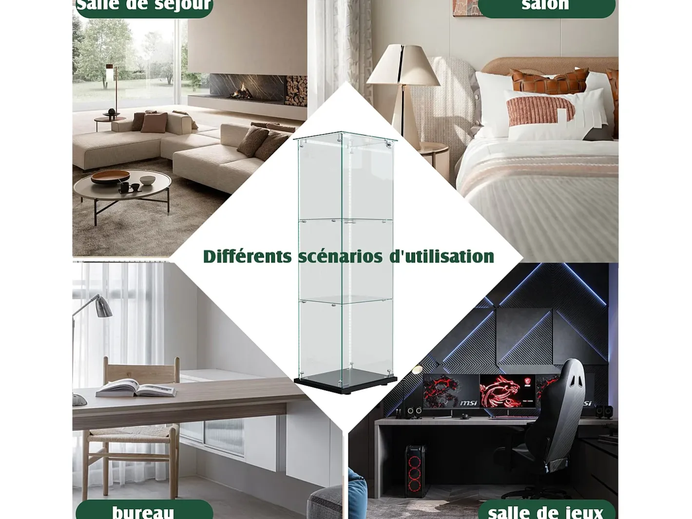 Vitrine simples aberta com três níveis + base preta com lacado incolor Vitrina