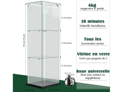 Vitrine simples aberta com três níveis + base preta com lacado incolor Vitrina