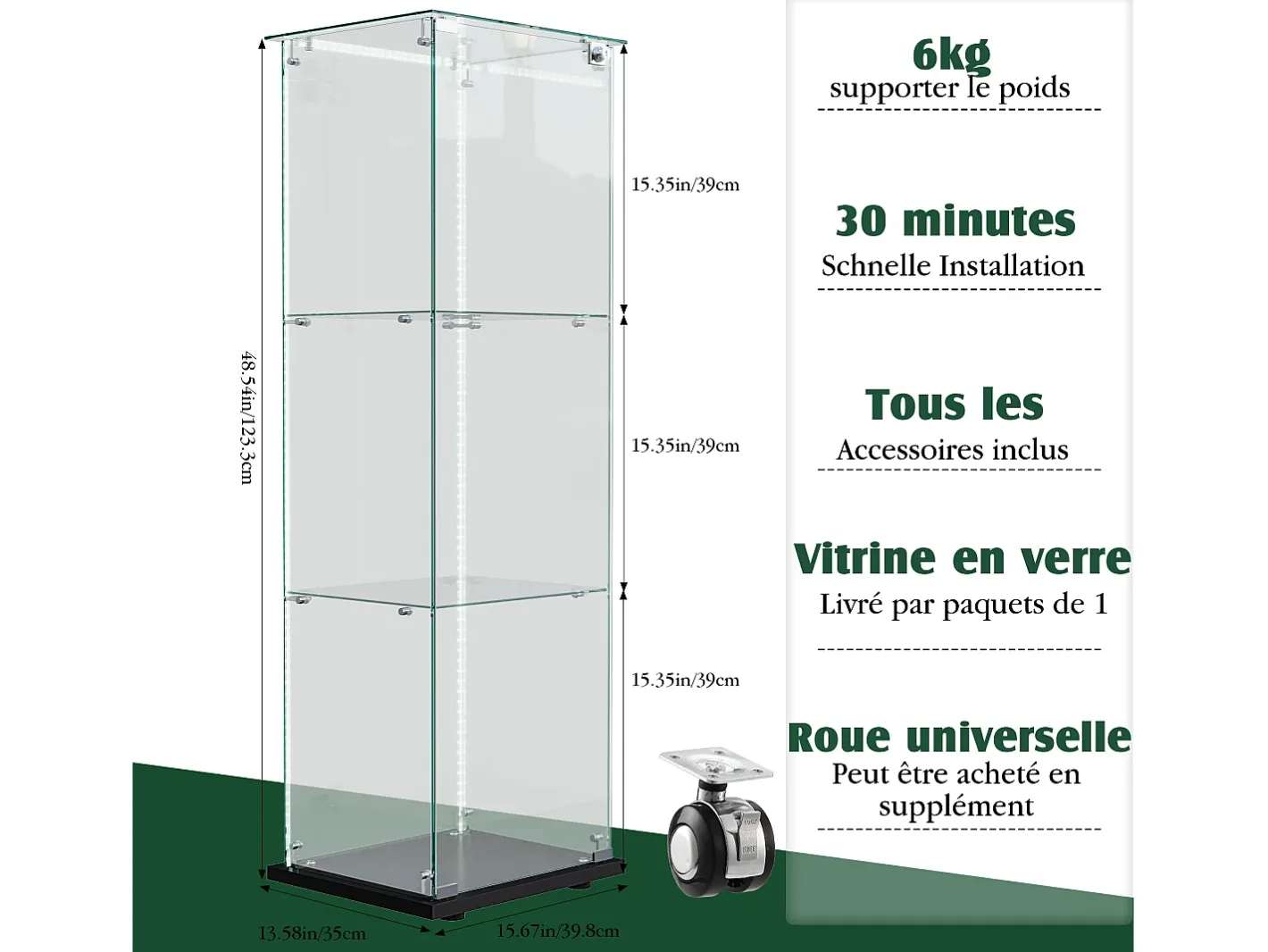 Vitrine simples aberta com três níveis + base preta com lacado incolor Vitrina