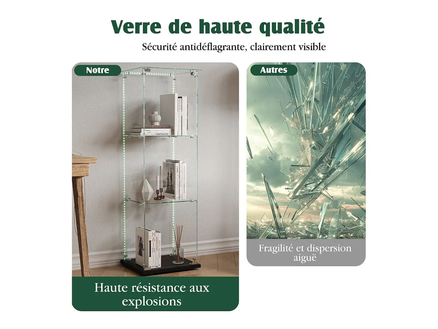 Vitrine simples aberta com três níveis + base preta com lacado incolor Vitrina